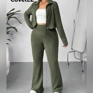 Olive Green Ribbed Plus Size Women's Jacket Pants Set 2X